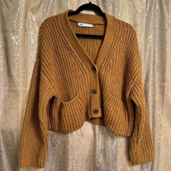 Zara Brown Chunky Cropped Oversized Rib Knit Pocket Cardigan Medium - Picture 1 of 7